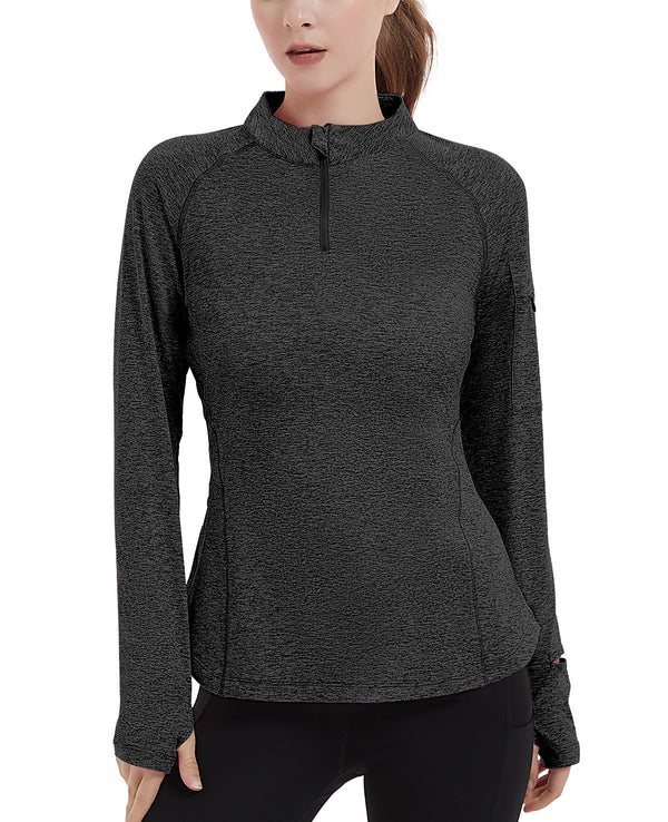 Women's 1/4 Zip Long Sleeve Running Shirts Thumb Holes Quick Dry Workout Athletic Pullover Tops with Zipper Pockets